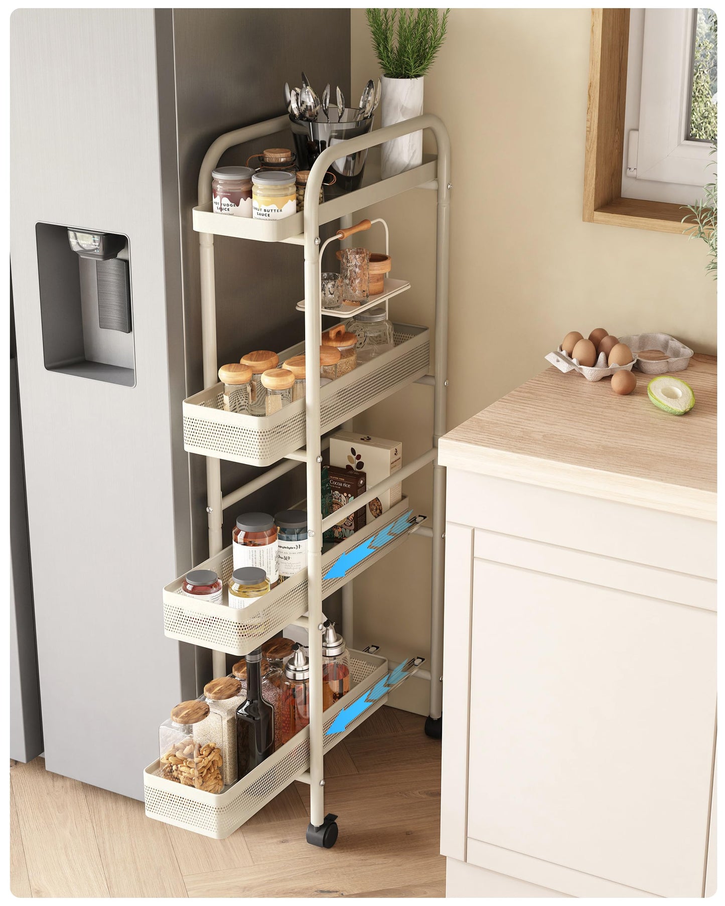 UMDONX Metal Kitchen Storage Trolley with Pull out Basket Narrow 4 Tier