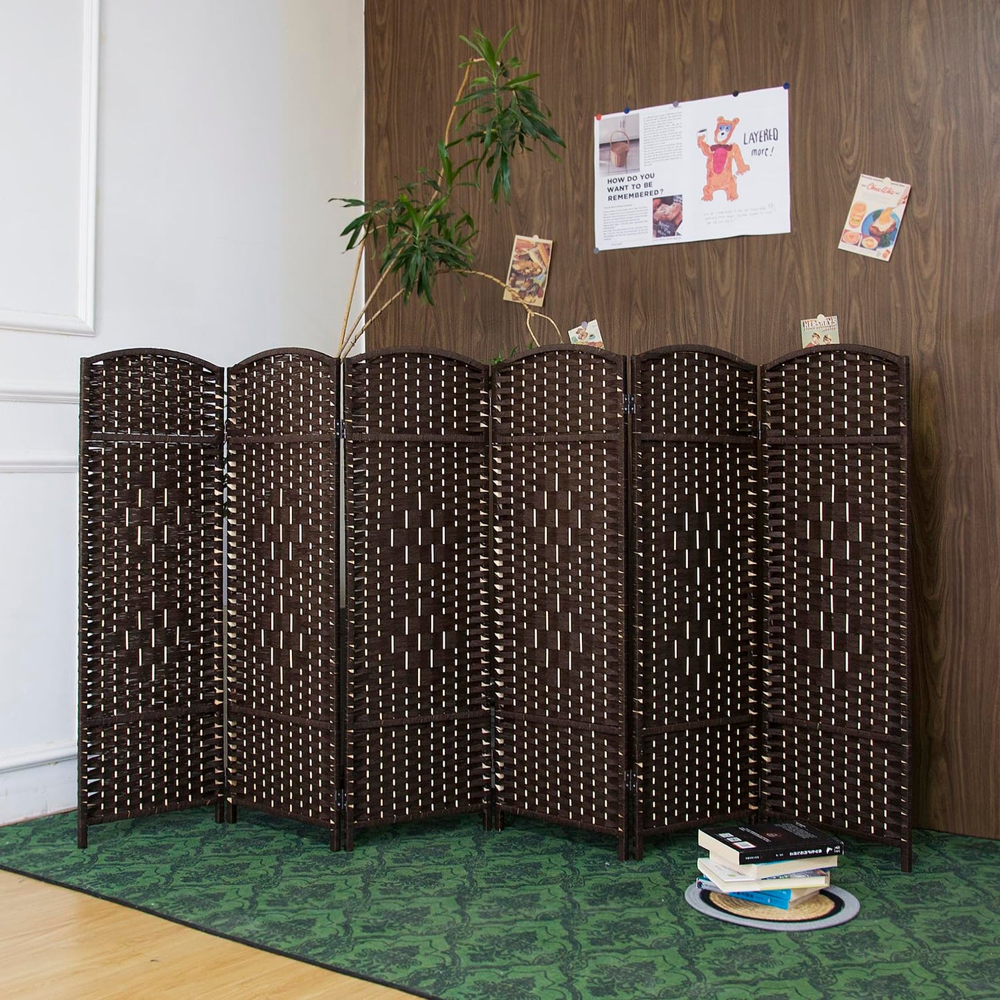 Furnnylane 6 Panel Dark Brown Rattan Divider Short Room Partition Screen,Double Sided Short Folding Divider for Room Separation,120 cm Tall