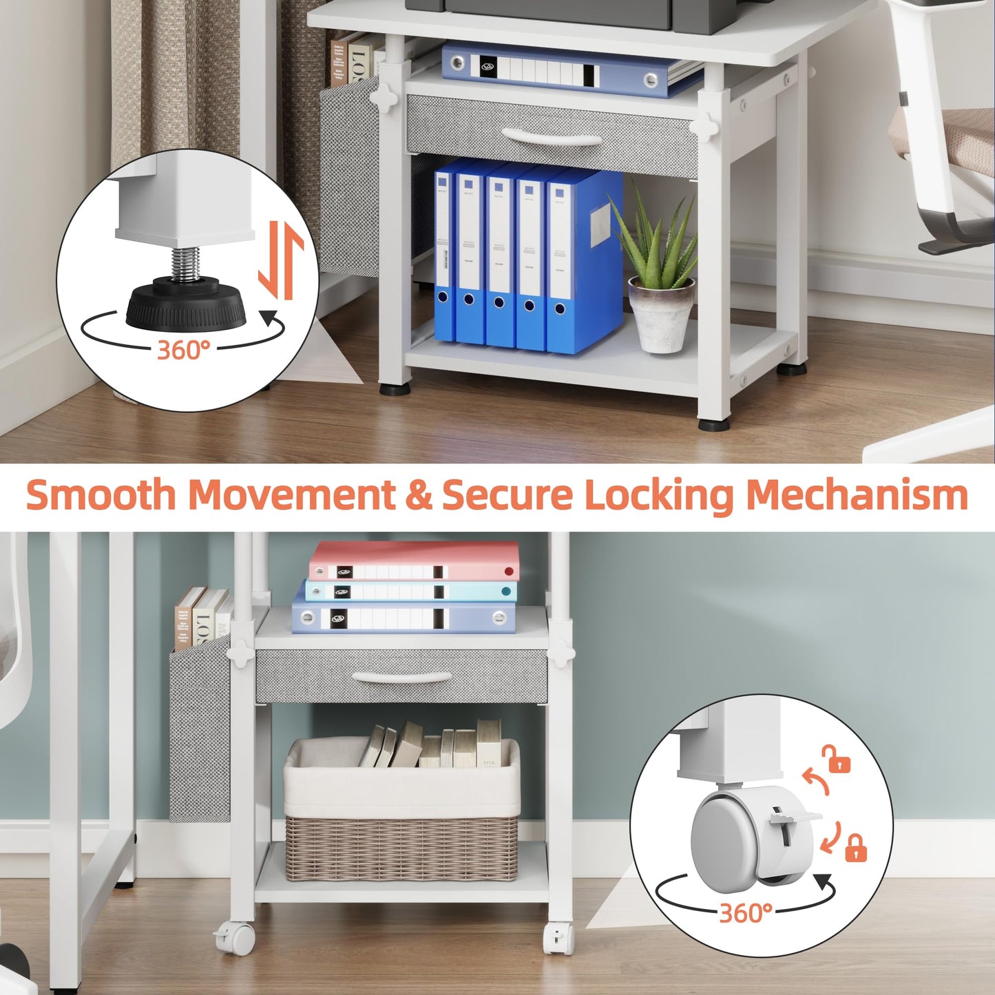 OYRREU 3 Tier Printer Stand on Wheels, Height Adjustable Mobile Table White