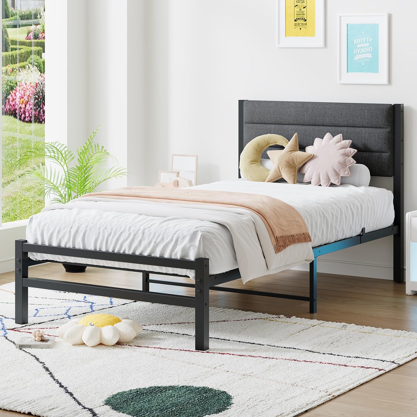 JUISSANO Upholstered Bed 90 x 200 cm Youth Bed Single Bed Metal Bed Frame Bed 90 x 200 cm with Metal Slatted Frame