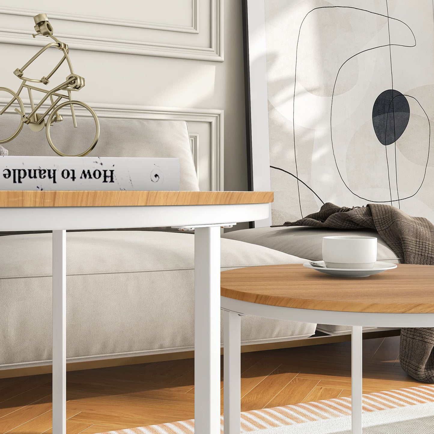 BOFENG Round Nesting Coffee Table,Set of 2 End Tables for Living Room/Bedroom/Small Space,Easy Assembly(White+Oakdk, Set of 2)