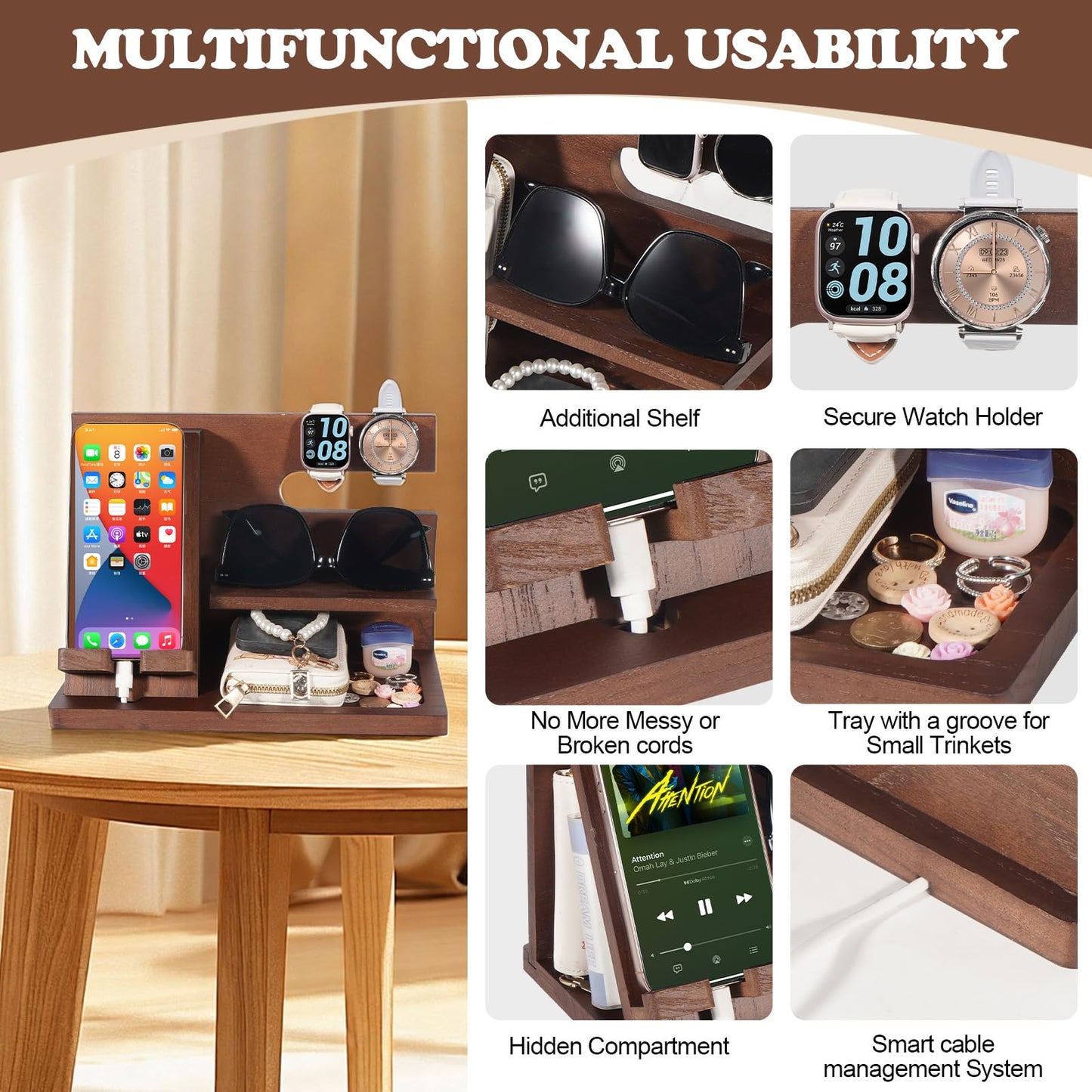 ELEVAT Gifts for Men Christmas Wood Phone Docking Station Desk Organizer Fathers Gifts Anniversary Birthday Gifts for him Xmas Presents for Men