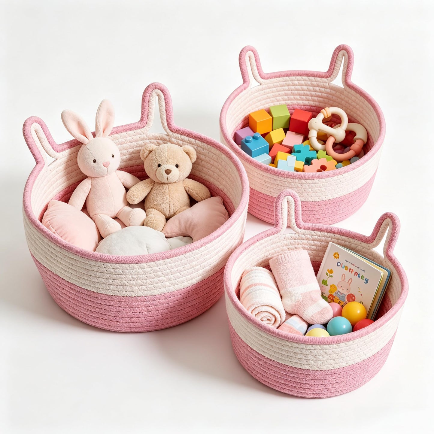 3 Pcs Pink Rabbit Basket,Cotton Rope Woven Empty Gift Hamper Baskets