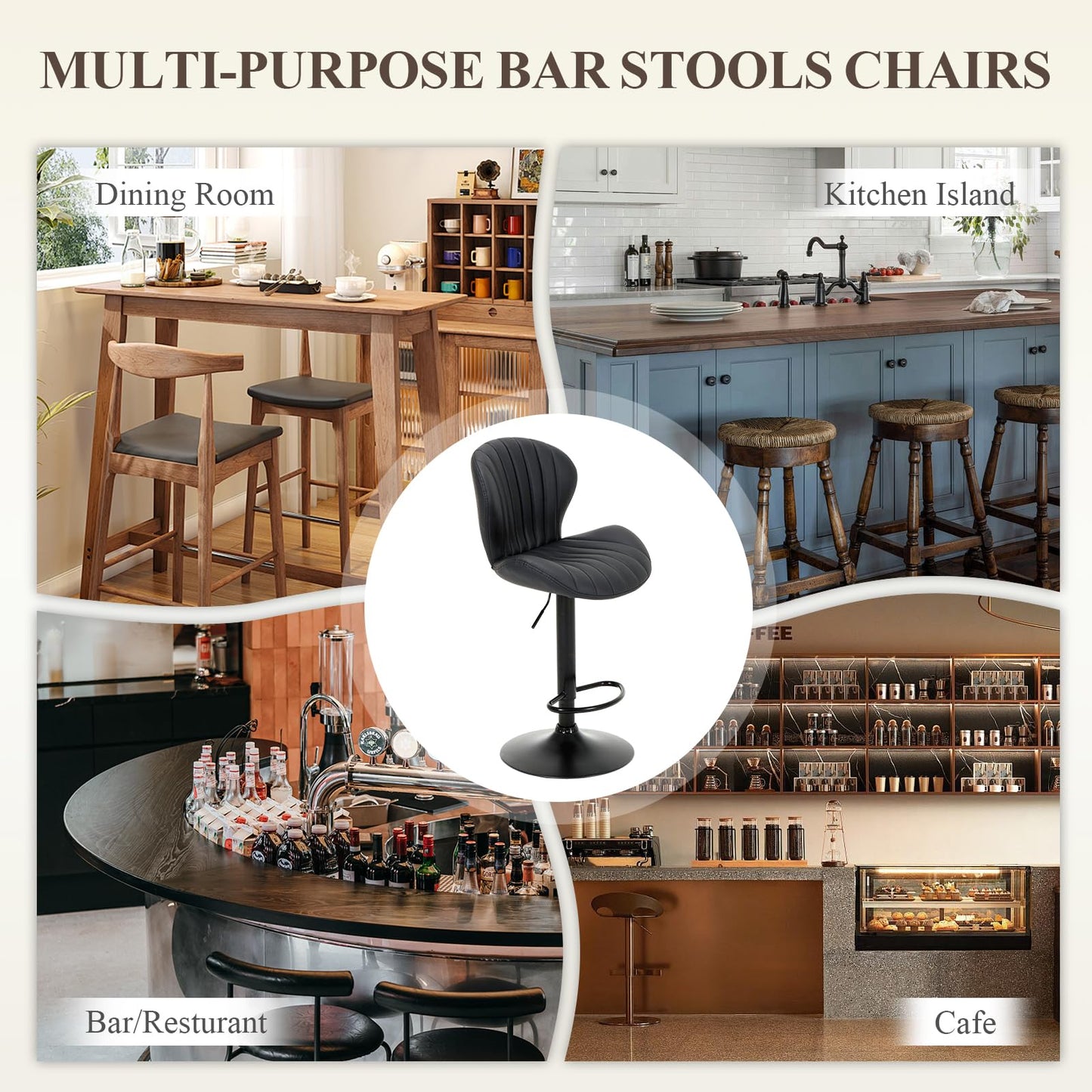 COLAMY Breakfast Bar Stools Set of 4, Modern Swivel Kitchen Bar Chairs, Adjustable PU Leather Upholstered Barstools Counter Height with High Backrest