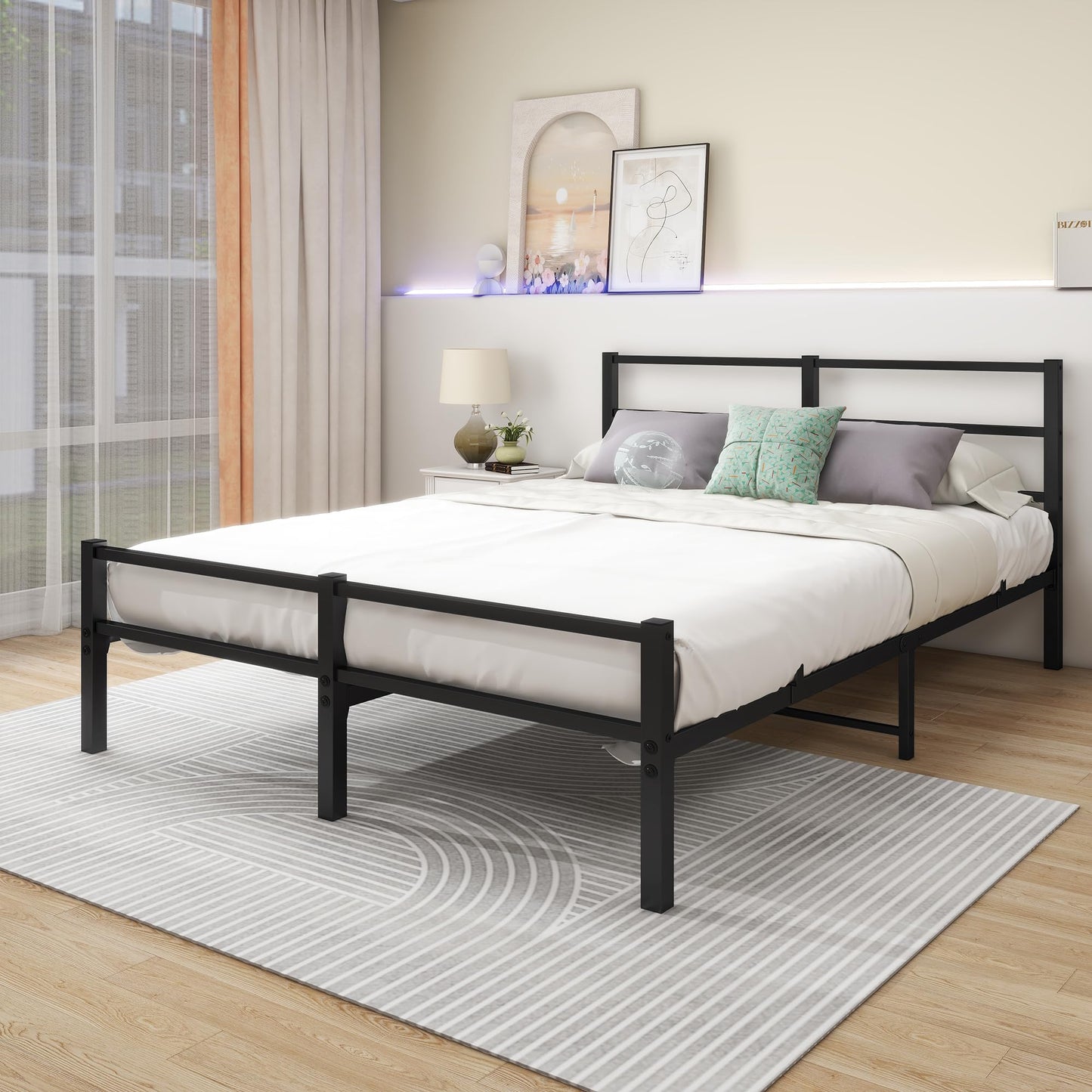 MOFLUT 5ft King Size Bed Frame with Headboard, Metal Slats Support Platform Bed with Storage under Bed, Enhanced Support Stable Easy Assembly