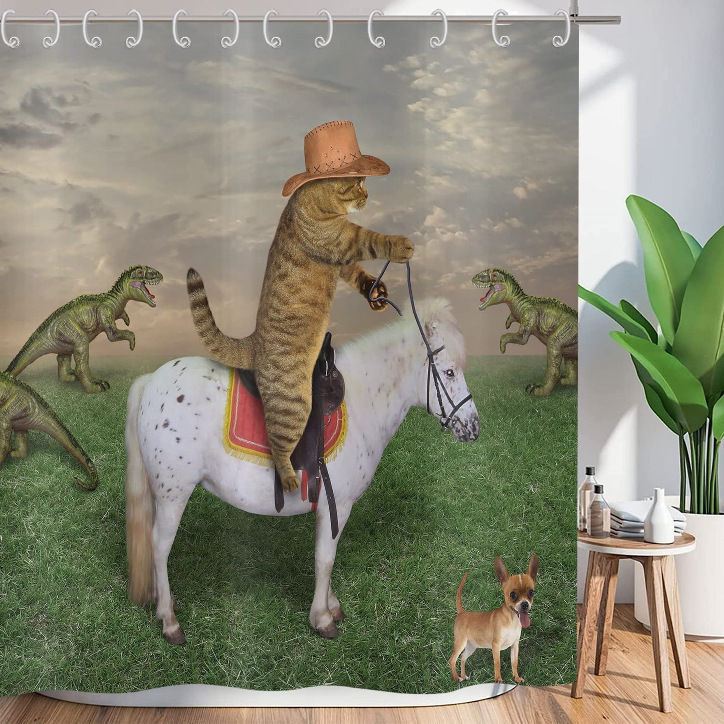 ASDCXZ Shower Curtain Funny 180x180 cm, West Cowboy Farm Funny Cat Ride Horse Washable Textile Bathroom Curtains Polyester Waterproof Shower Curtains