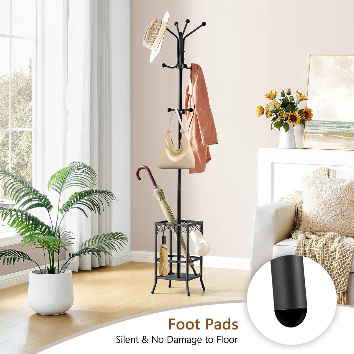 Hoctieon Coat Rack Freestanding, Coat Tree with Umbrella Holder, Metal Coat Rack Stand with 12 Hooks, Standing Coat Hanger Stand