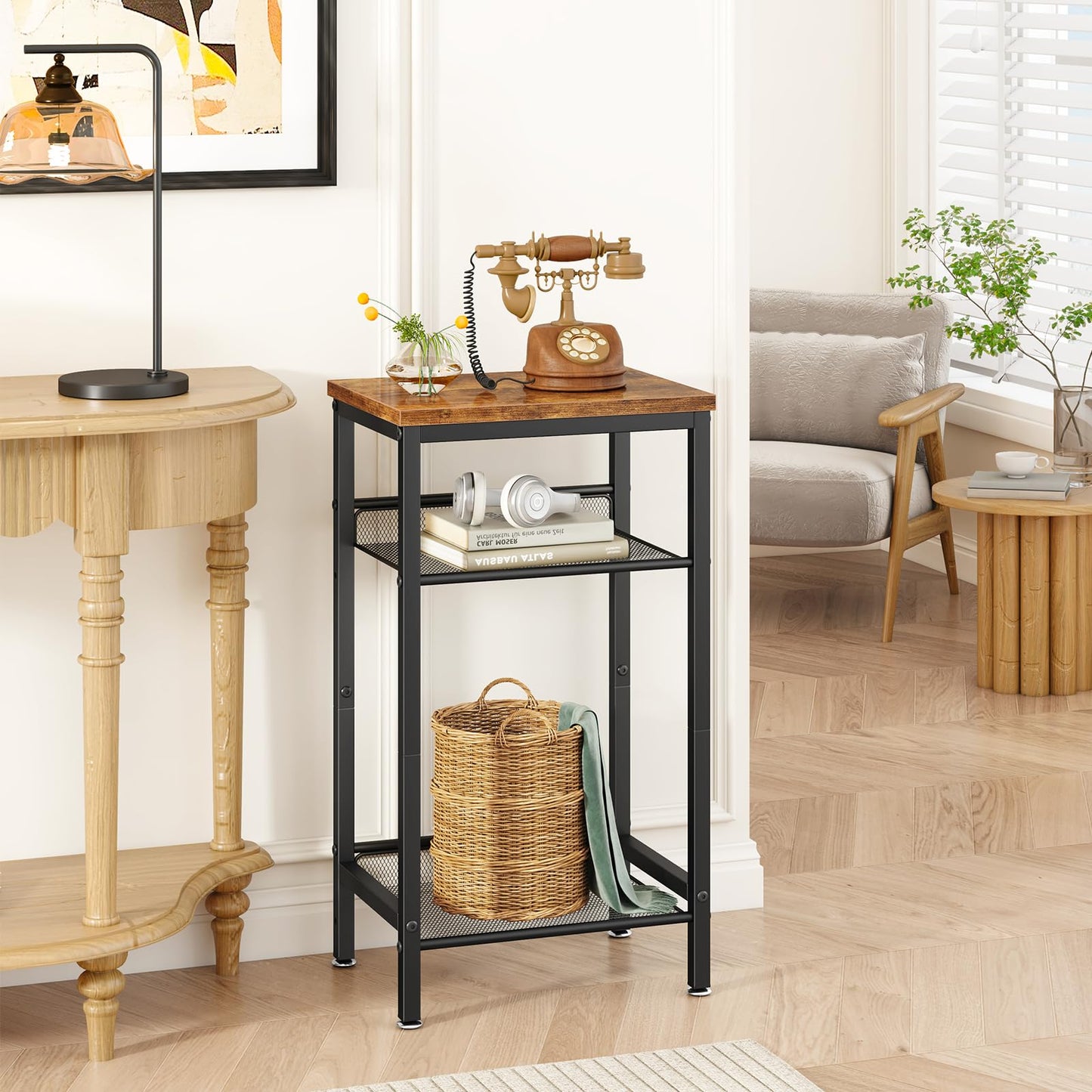 YMYNY Tall Side Table, Nightstand, Small Bedside Table with Shelves, Industrial Style, Adjustable Wire Mesh, for Living Room, Bedroom, Entryway