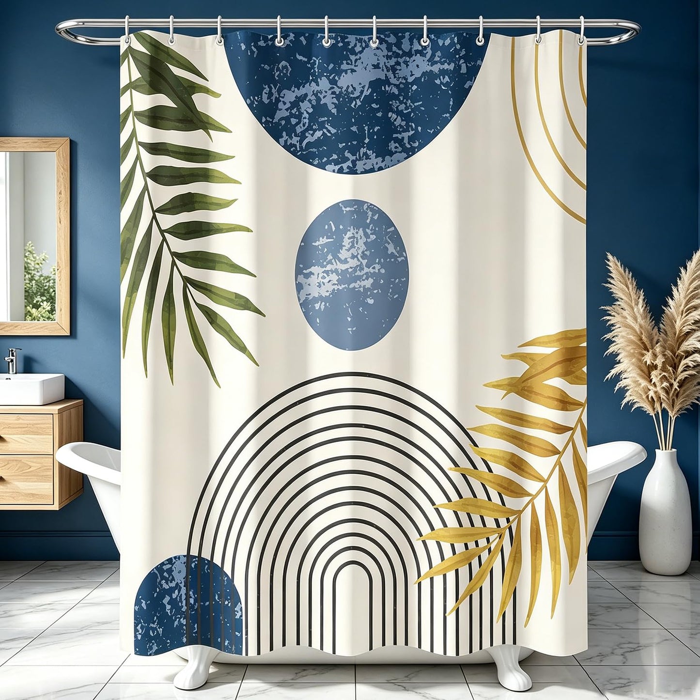 Lerores Shower Curtain, 180 x 200 cm, Blue Leaves Line, Weighted Hem, Anti-Mould Textile, Water-Repellent