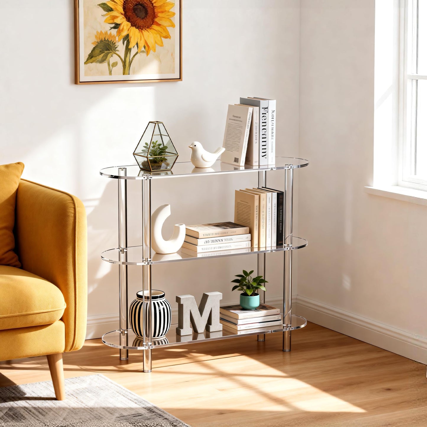 Clear Acrylic Bookshelf Bookcase, Narrow Oval, 3 Tier, 80 x 24 x 72 cm