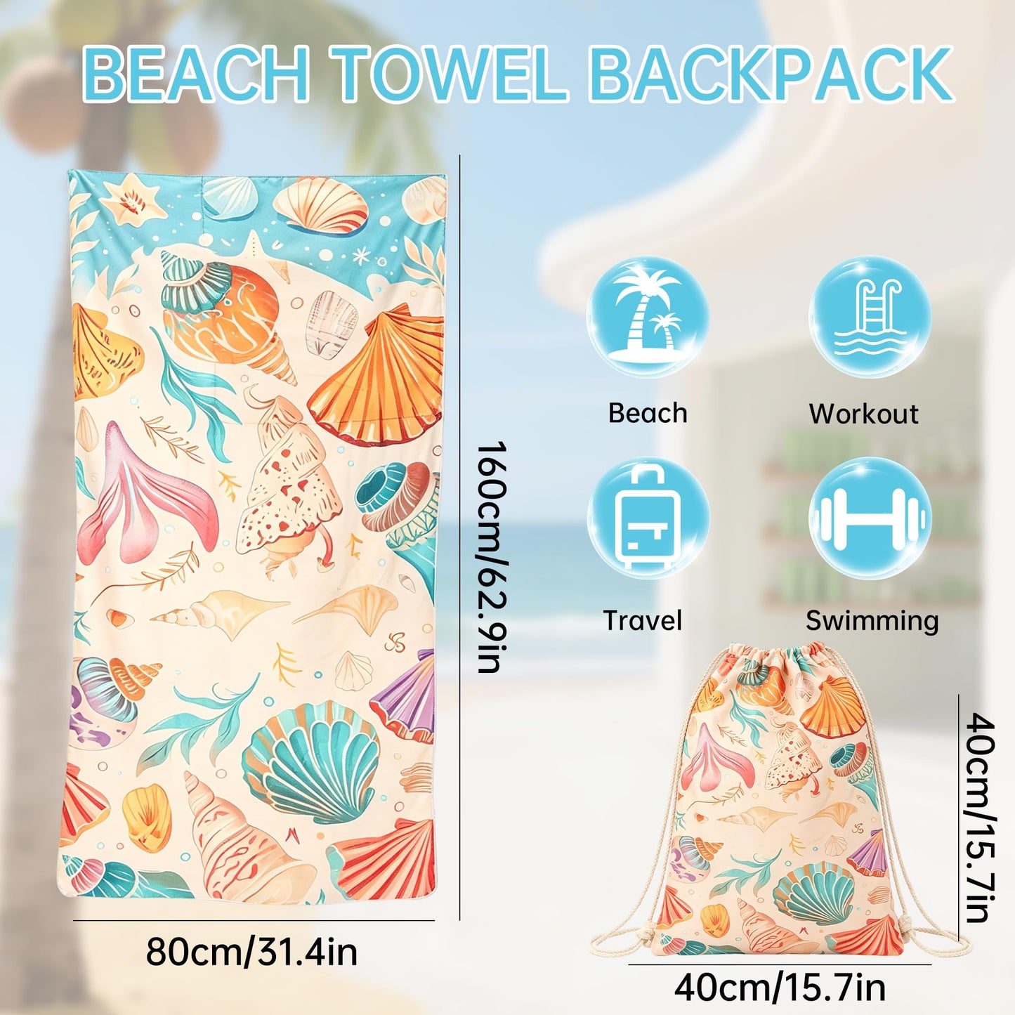 Senshuomy 2-in-1 Beach Towel Bag, Convertible Drawstring Beach Towel Backpack, Sand Free Quick Dry Microfiber Beach Towel for Adults
