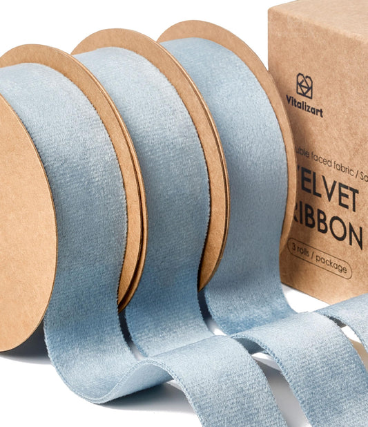 Vitalizart Dusty Blue Velvet Ribbon Set 1 Inch x 15 Yards, Double Faced Velvet Ribbon for Gift Wrapping, Christmas Ornaments, Wreath Decoration, Bows