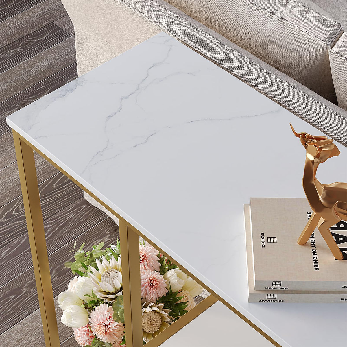 WOHOMO Console Table Small Gold Entryway Tables with Storage Shelves 80cm