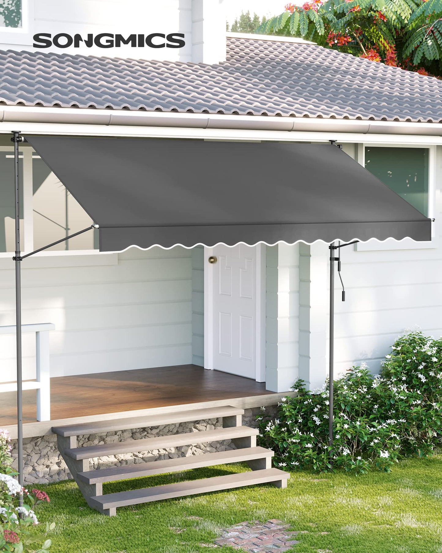 SONGMICS Clamp Awning, 300 x 130 cm, Balcony Awning, Height-Adjustable, with Hand Crank, Sun Protection for Balcony, Patio, Garden, Anthracite