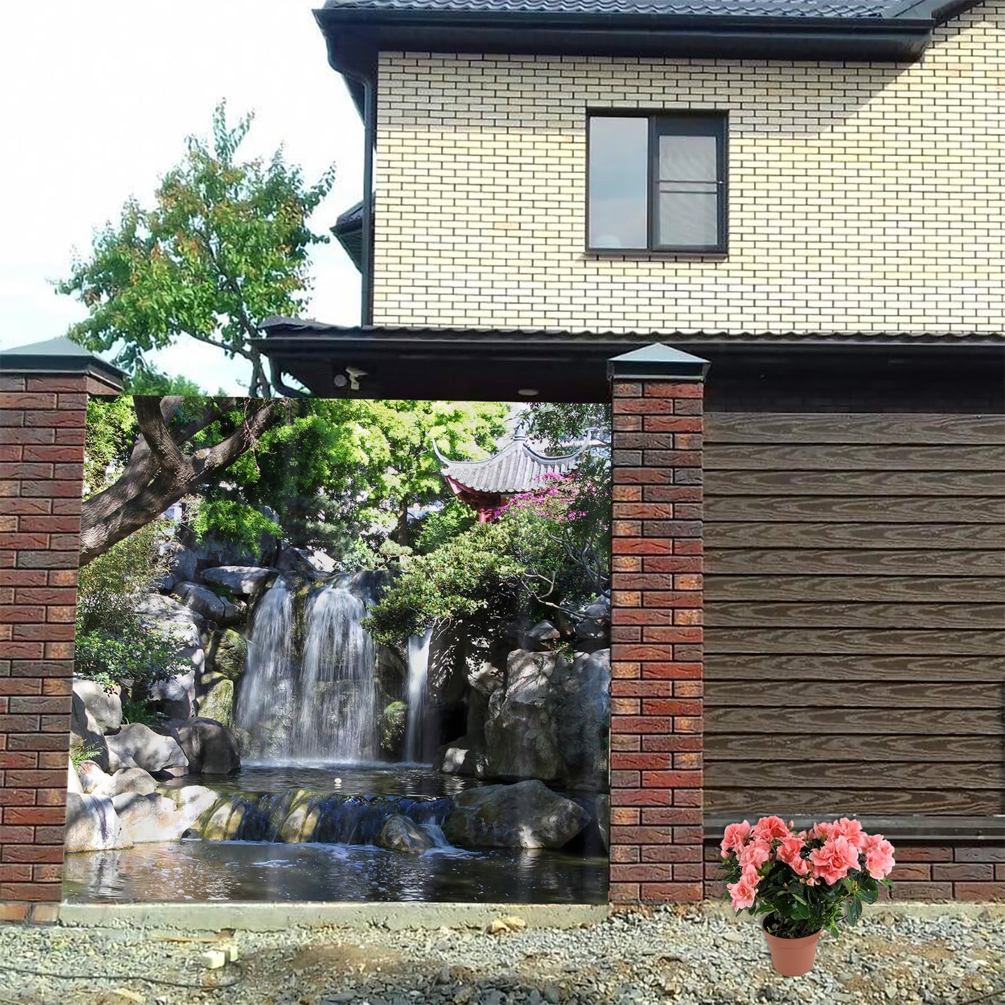 Newhomestyle Waterfall Scenery Garden Shower Curtain, Waterproof Polyester Fabric Pavilion Bathroom Shower Curtain