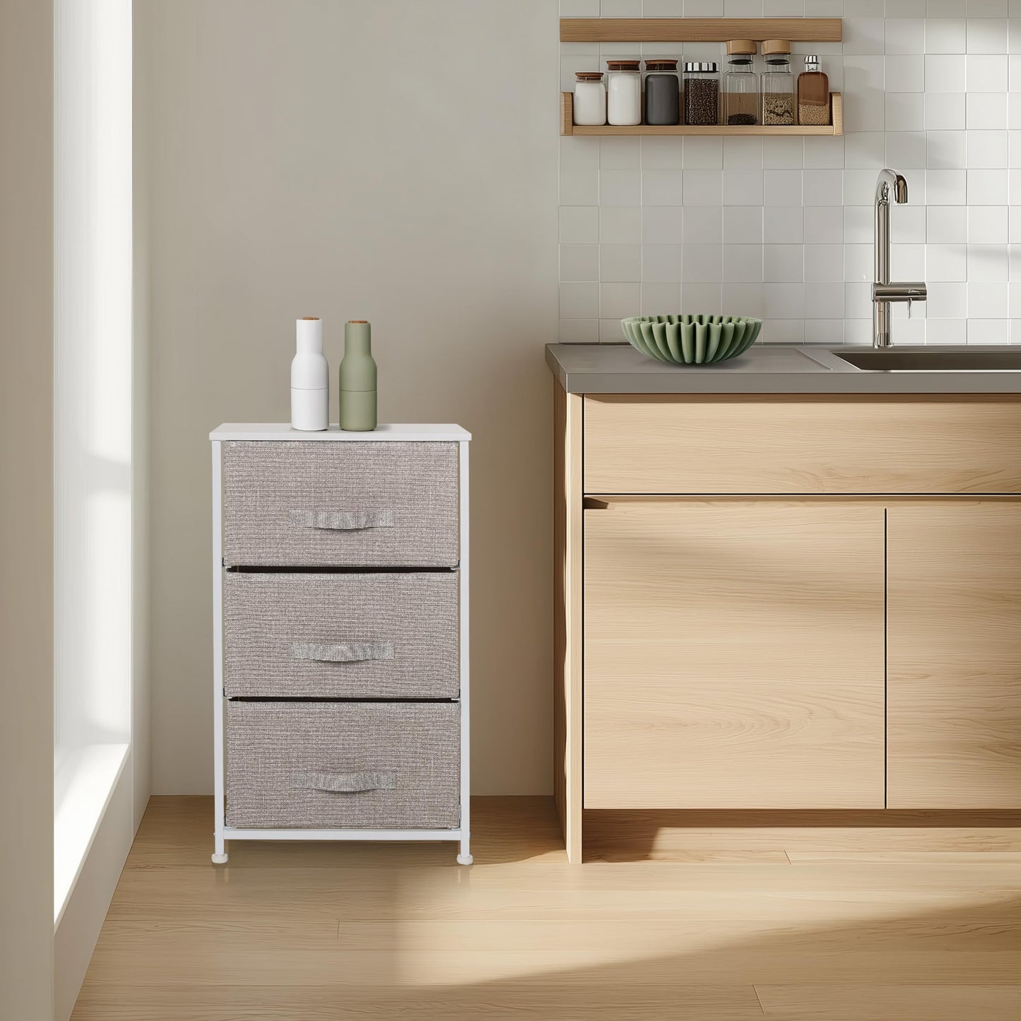 hjh LIVING Chest of drawers with 3 fabric drawers FOLDRESS M 73x45x30 cm Drawer chest organizer, height-adjustable foot glides, metal frame, grey