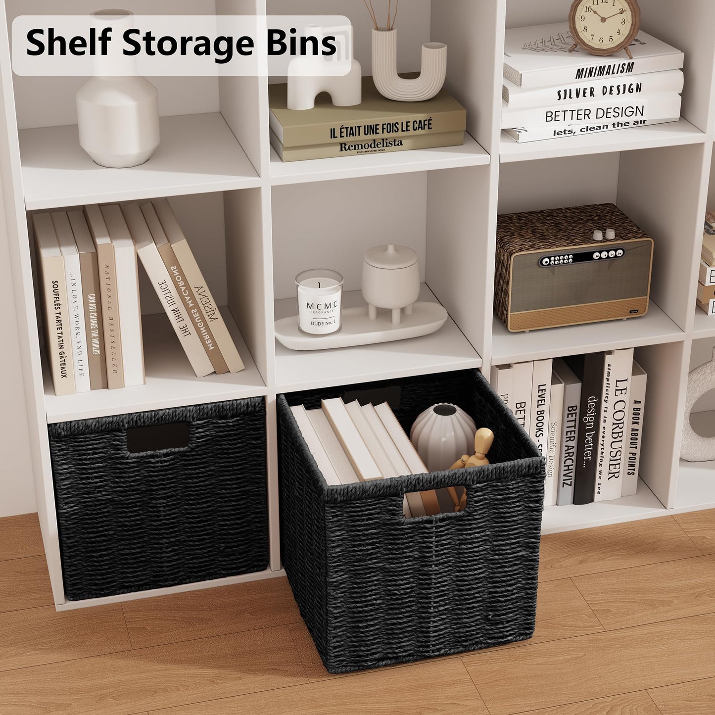 Vagusicc Wicker Storage Basket, Foldable Storage Cubes Organizer Bins, Handwoven Storage Baskets for Shelves Closet Wardrobe Bathroom