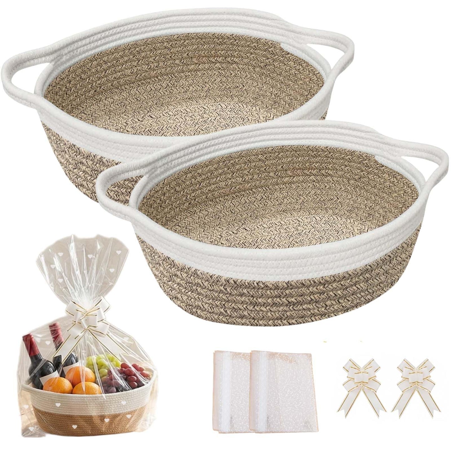 Storage Baskets, 2 Pack Gift Basket With Gift Bags And Ribbons, Woven Basket For Dog Toy Storage, Small Storage Bins For Bathroom Storage