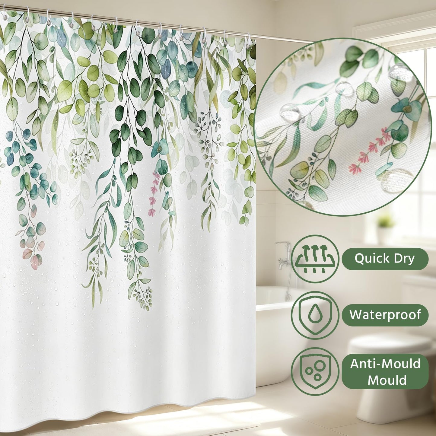 FAVORTALK Shower Curtain Mould Proof Resistant Shower Curtains for Bathroom Mildew Resistant Floral Curtain with Hooks 70.1 x L 70.1 Waterproof