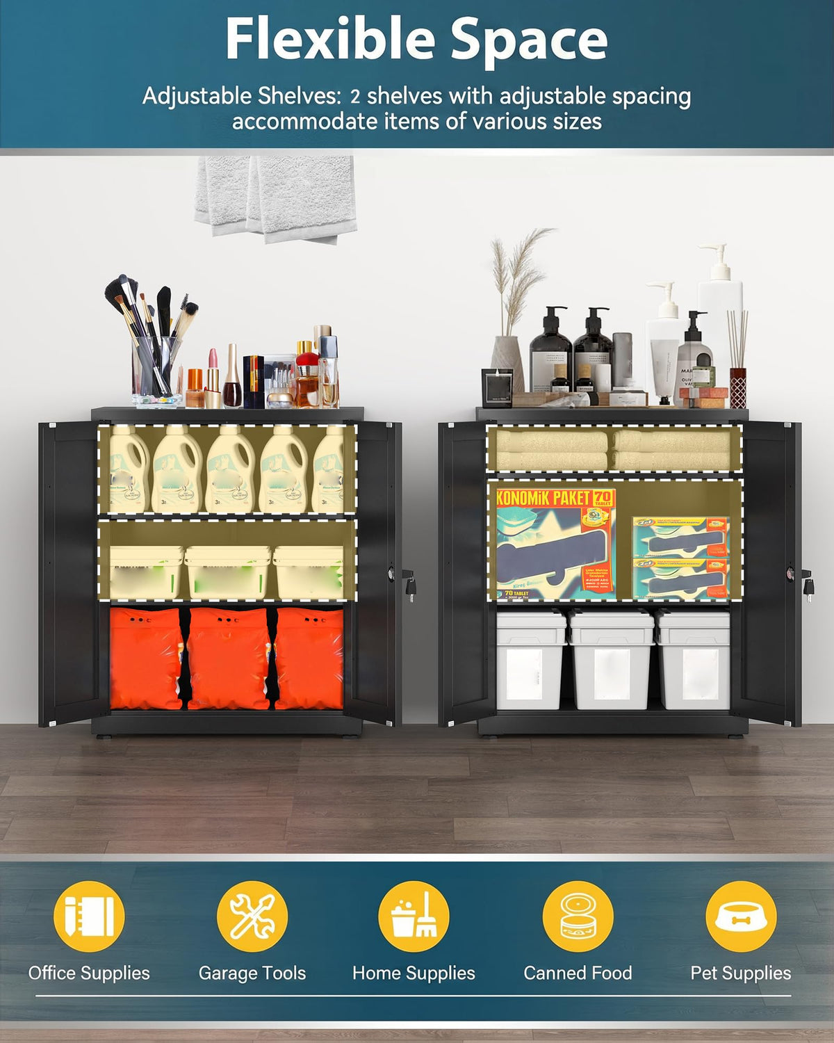 HOMSTEEL Storage Cabinet, Metal Locking Garage Cabinet, Office Cabinet with Adjustable Shelves, Cupboards for Office, Garage and Utility Room