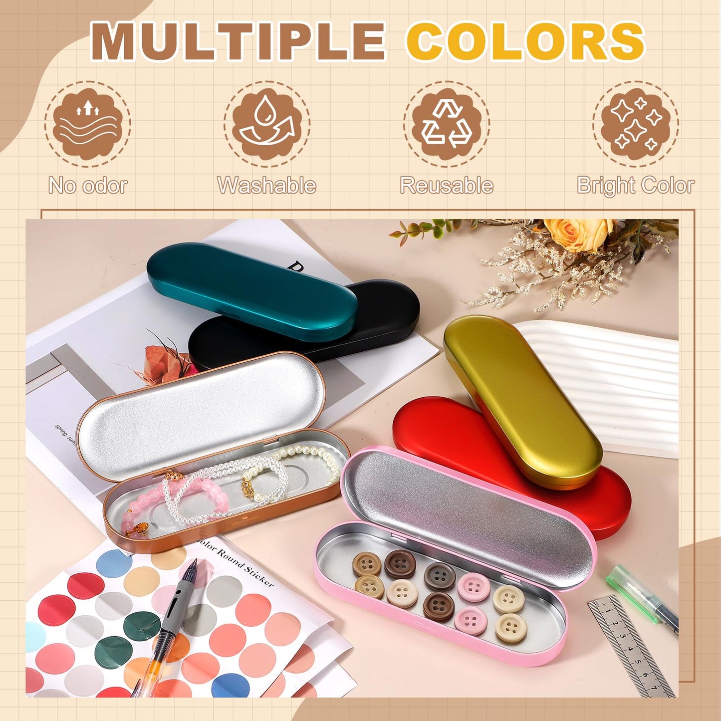 sourcing map 4Pcs Metal Tin Box Container, 6.9x2.4x0.7 Oval Empty Hinged Lid Box with Self Adhesive Colored Sticker