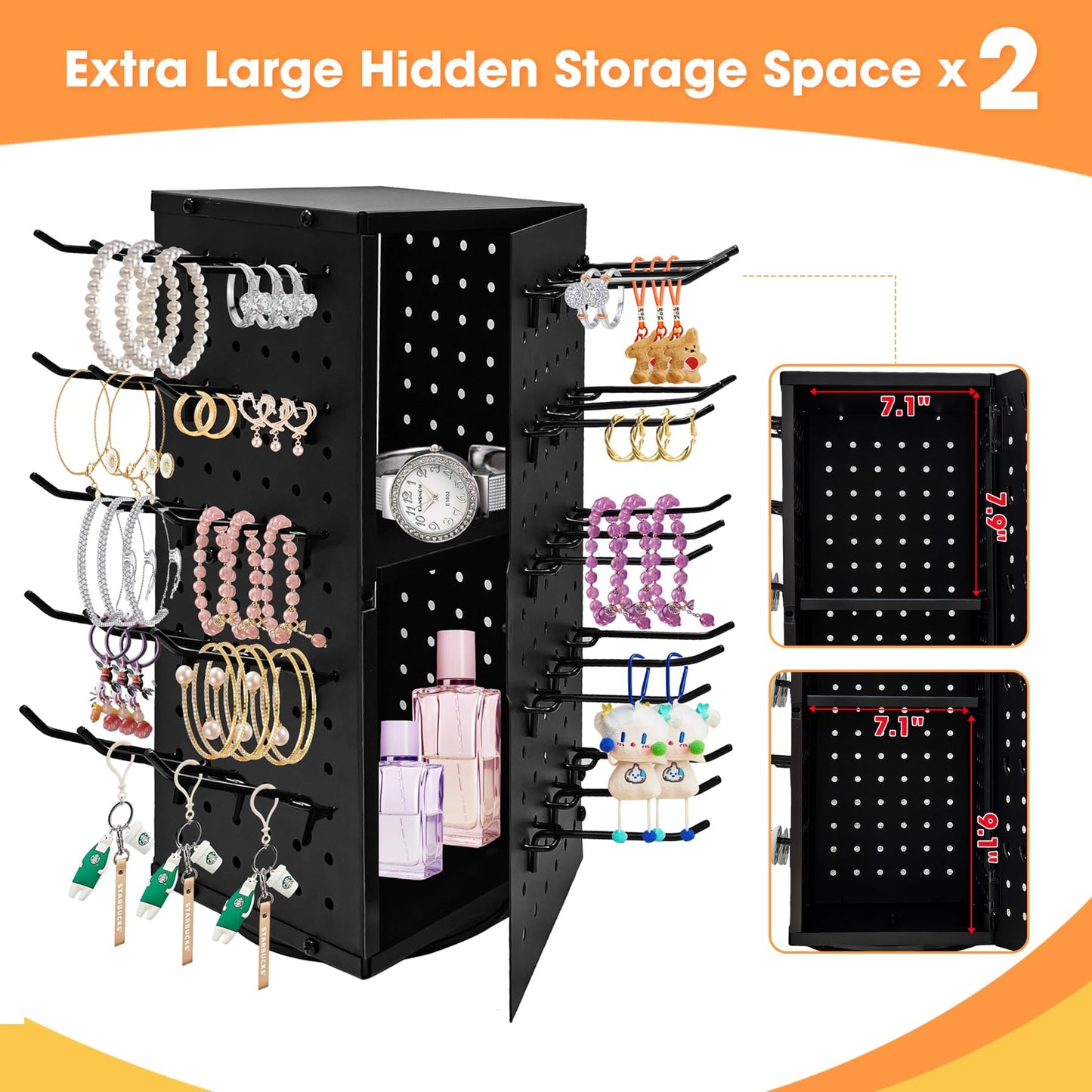 360° Rotating Peg Board Display Stand with 60 Hooks, Jewelry Stand (Black)
