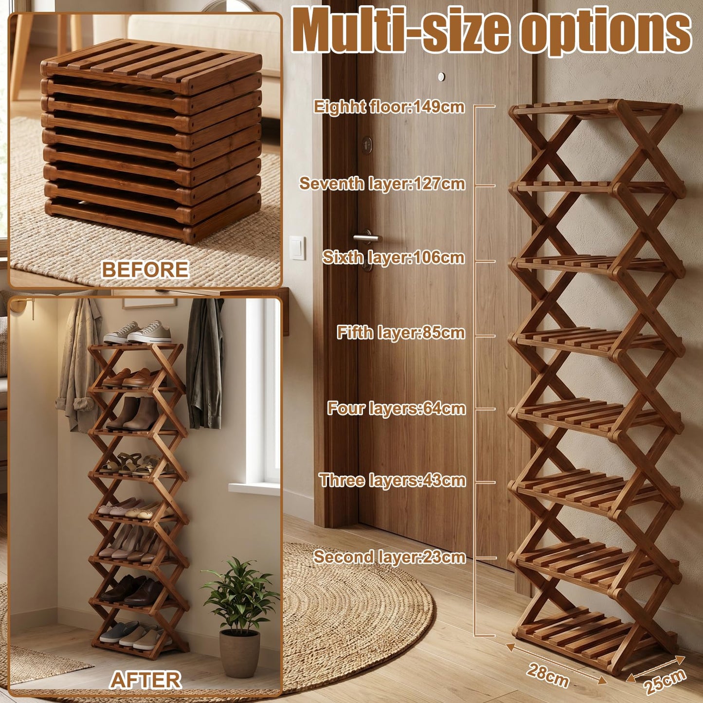 Kiss Me Vertical Shoe Rack, Portable Folding Wooden Storage, 8 Tier Brown