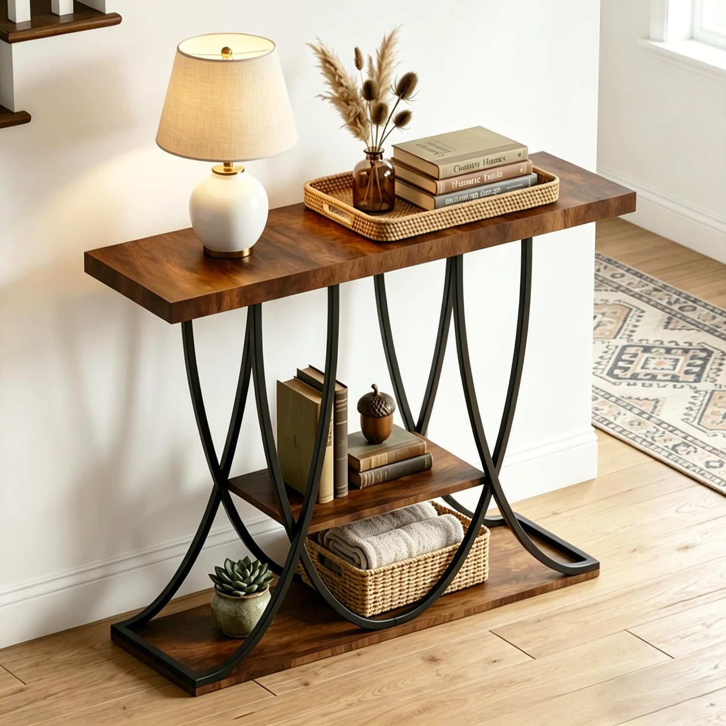 DAWNYIELD 3-Tier Console Table with Curved Metal Frame, Black