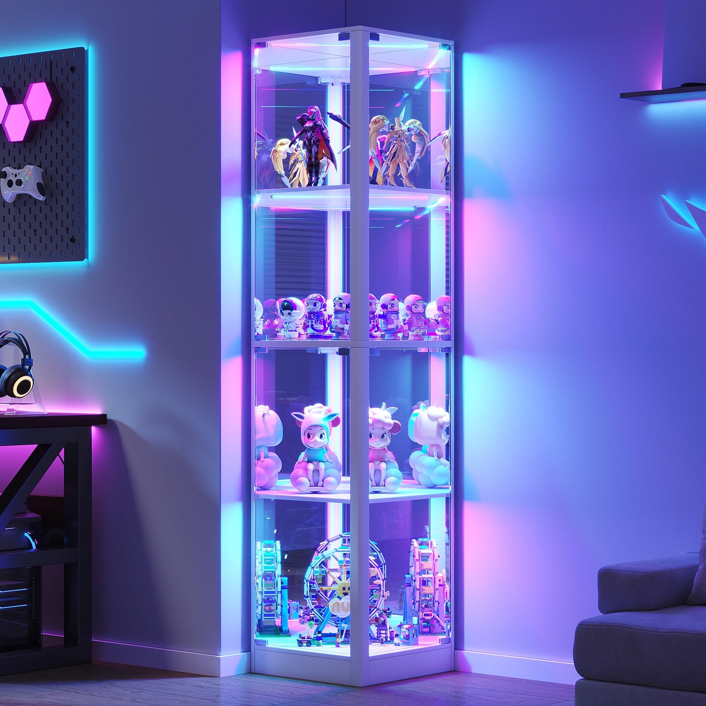FREDEES Glass Display Cabinet with RGB Lights, 175CM, White
