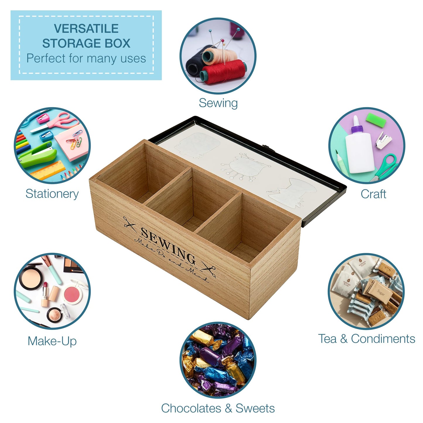 Trimits Wooden Sewing Box 24 x 10 x 9cm - Sewing Kit Box Craft Organiser with Clear Acrylic Lid and 3 Compartments