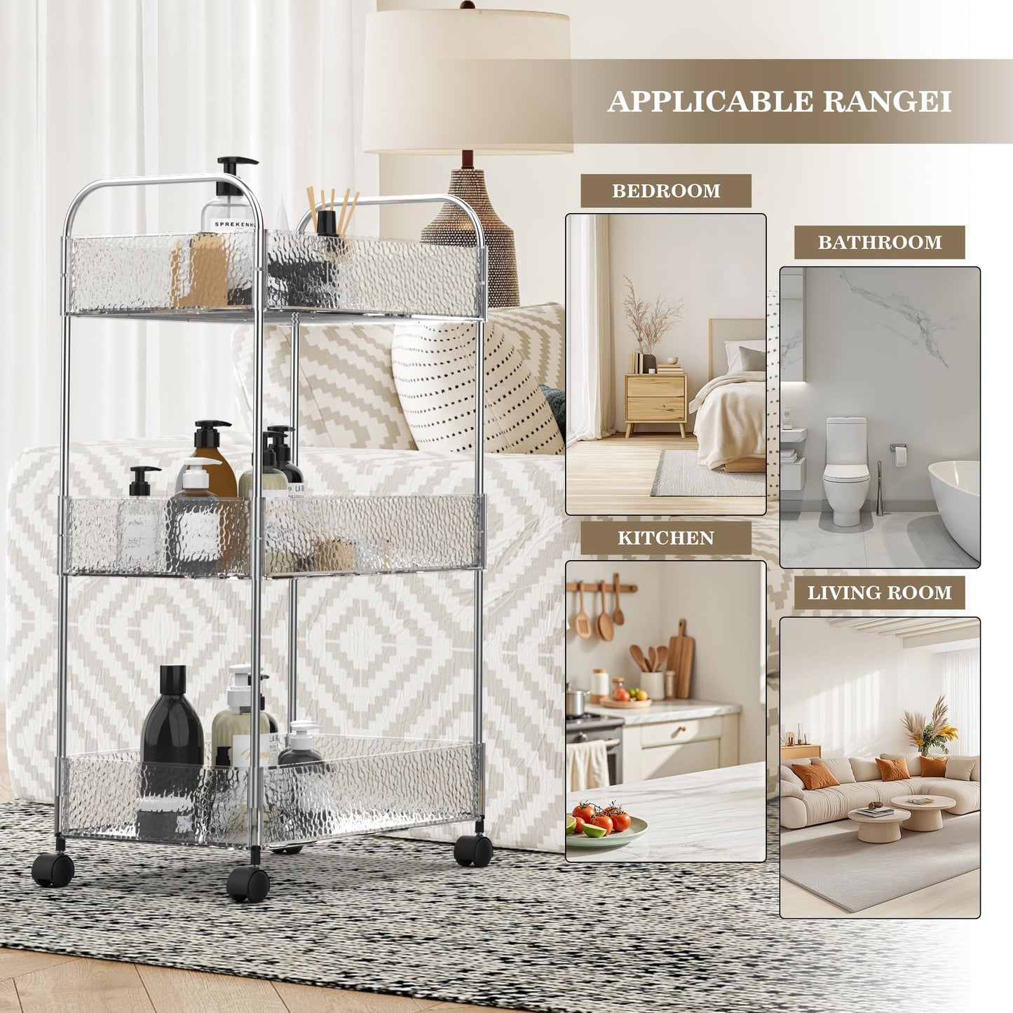 CraftGenes 3-Tier Slim Storage Trolley on Wheels, 36x20x71cm Bathroom Storage Cart with Lockable Wheels
