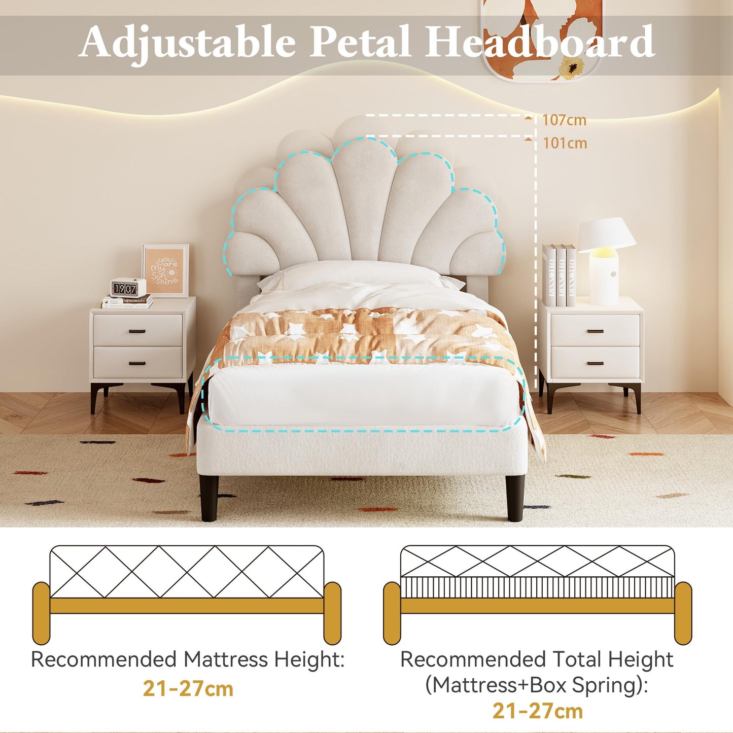 Merax Single bed frame, 3ft Single Upholstered Bed, Adjustable Chic Petal Headboard, Sturdy Wooden Slat Support, Velvet Fabric (No Mattress)