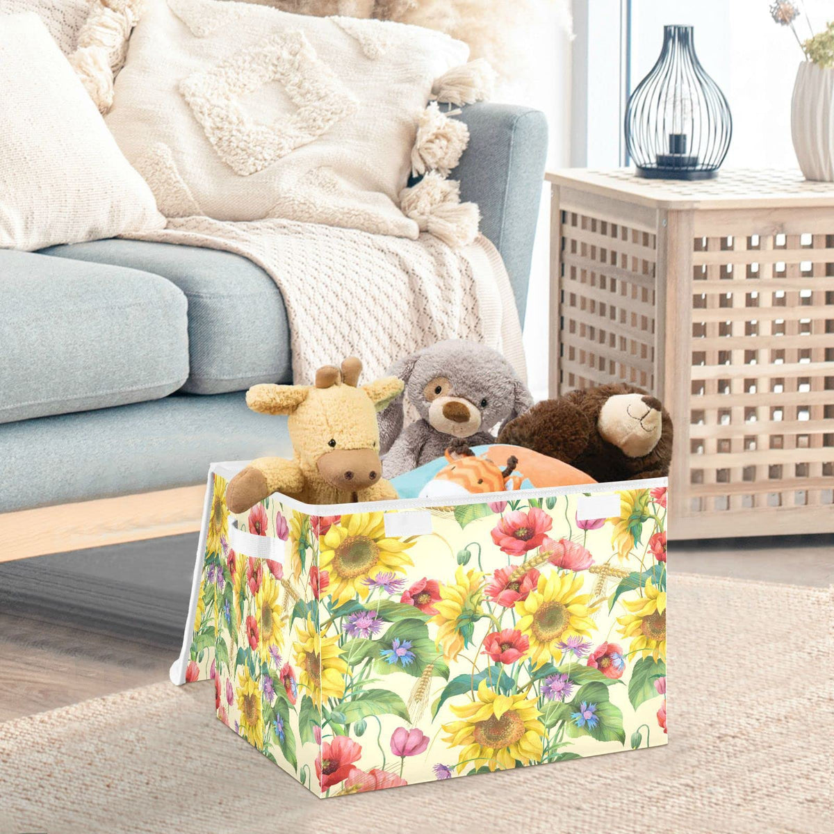 Mnsruu Storage Boxes with Lids, Shabby Chic Sunflower Poppy Daisy Large Storage Basket Organizer Shelves Cube Bin Toy Clothes Underbed