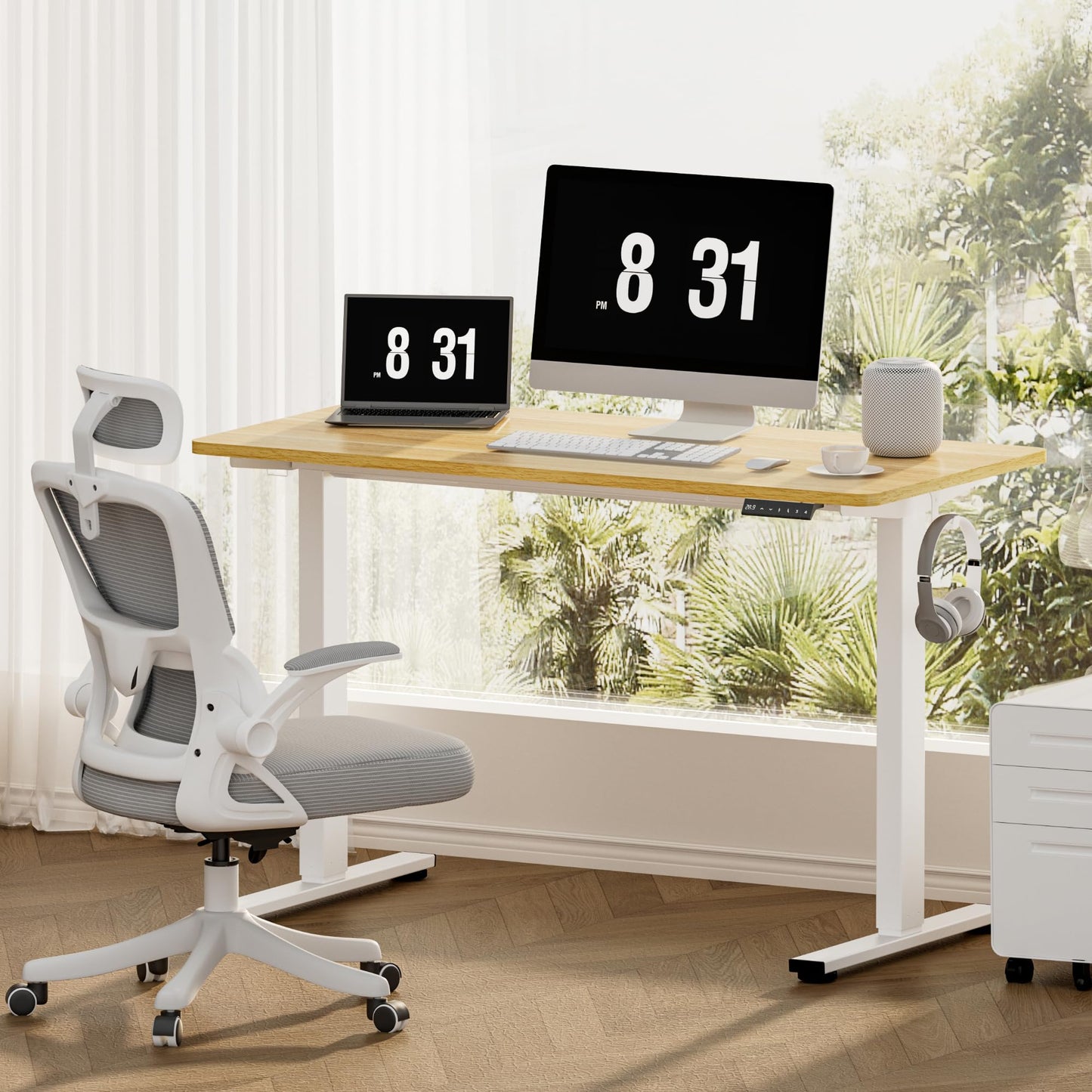 FlexiSpot E1 Plus ONE PIECE Electric Standing Desk Height Adjustable Sit Stand Desk with Memory Smart Panel(120 * 60cm, White Frame+Maple Desktop)