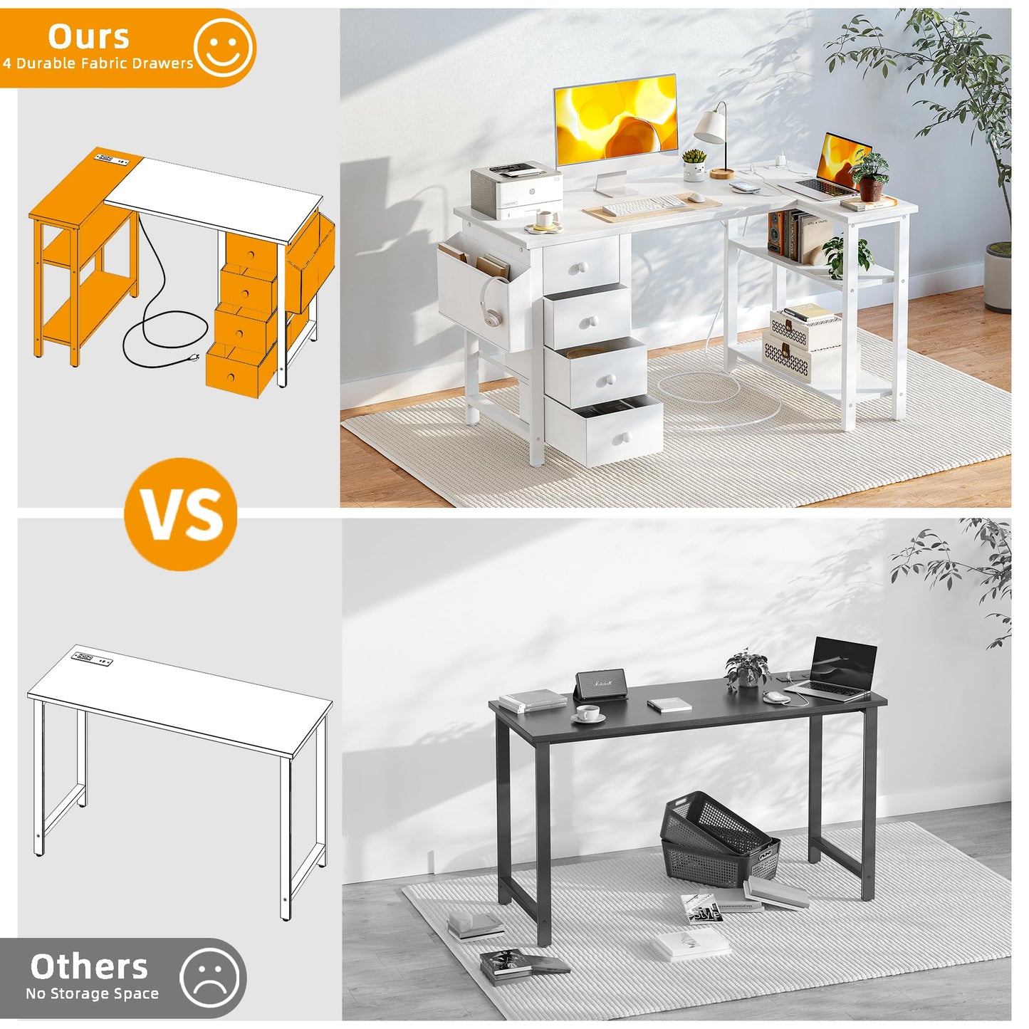 BEXEVUE Small L Shaped Desk with 4 Drawers and Power Strips, 120cm Comuputer Desk with Fabric Storage Drawers