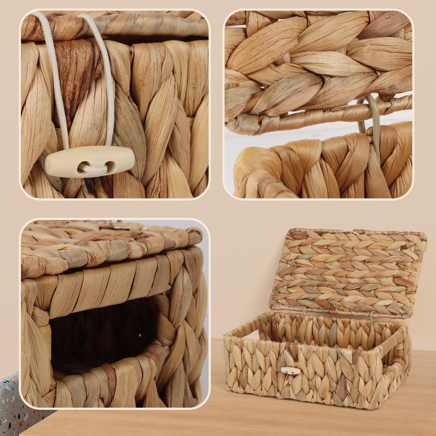 FEIALNDUO Wicker Shelf Baskets with Lid, Seagrass Storage Hamper Basket Bins Rectangular Box for Home Desktop Organizer (Natural, X-Small)