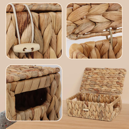 FEIALNDUO Wicker Shelf Baskets with Lid, Seagrass Storage Hamper Basket Bins Rectangular Box for Home Desktop Organizer Natural, X-Small