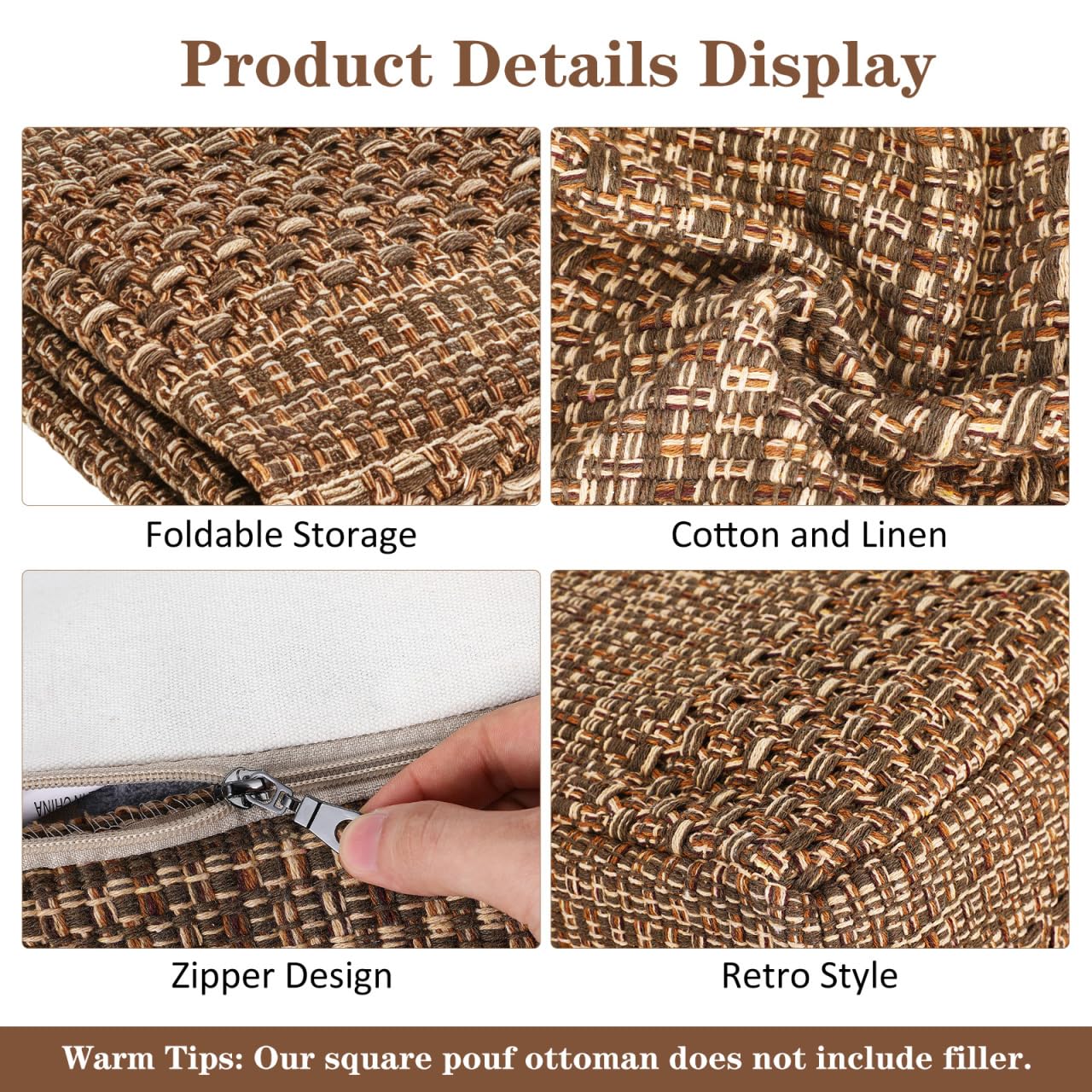 CAXUSD Tatami Floor Cushion Cover Thick Cotton Linen Square Seat Cover Indoor Seats Mat for Meditation Japanese Home Decor Woven Pouffe Cushion 15.75