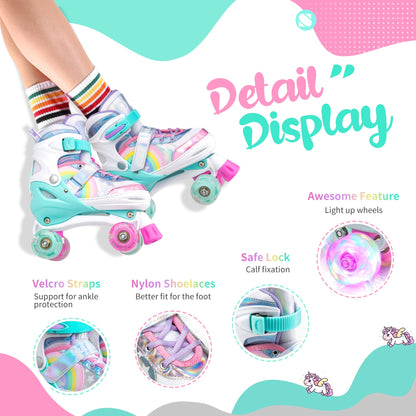 SULIFEEL Rainbow Unicorn 4 Size Adjustable Light up Roller Skates for Girls Boys for Kids - Large 2-5 UK