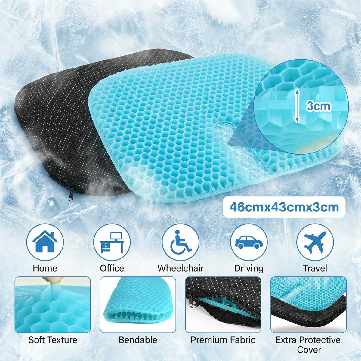 Gel Seat Cushion - Soft Sitter Honeycomb Cushion with Non-Slip Cover Large Gel Cushion with Relieving Back coccyx Pain Pressure Cool Car Seat Pads