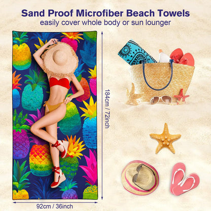 Violetpos Rainbow Pineapple Beach Towel, Extra Large 180x90 cm 250GSM Microfibre, Sand Free Quick Dry