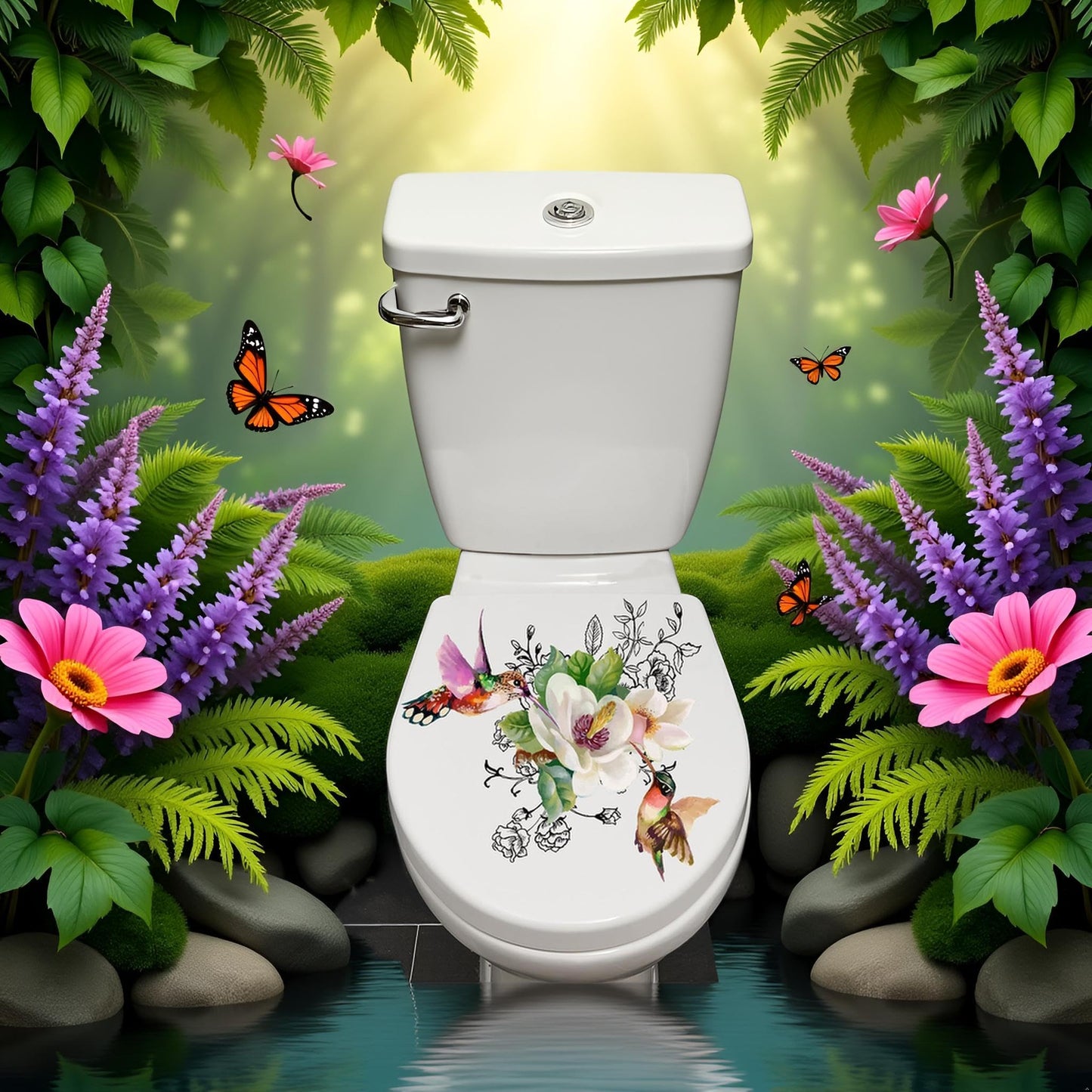 Birds Flowers Butterfly Toilet Seat Lid Stickers Self-Adhesive Bathroom Wall Sticker Floral Birds Butterfly Seat Decals DIY Removable Waterproof