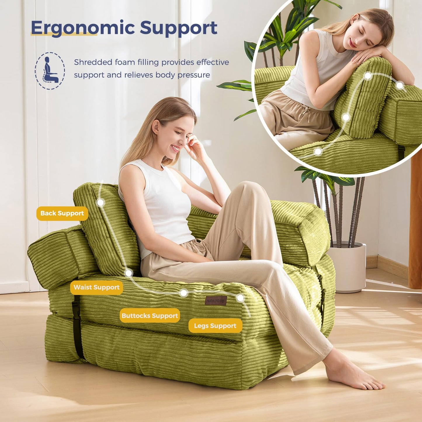 MAXYOYO Foldable Sofa Bed,Bean Bag Couch Convertible Sleeper Chair with Armrest L-Shaped Floor Lounge Sofa with Pillow Portable Lounge Seat for