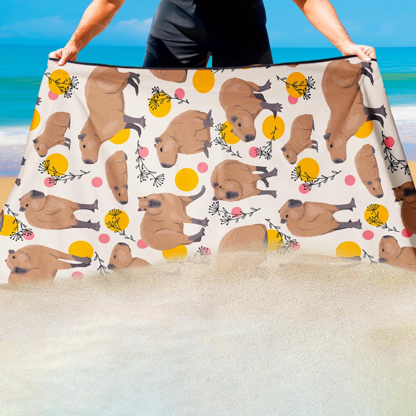 Violetpos Capybara Print Beach Towel, Extra Large 180x90 cm 250GSM Microfibre, Sand Free Quick Dry