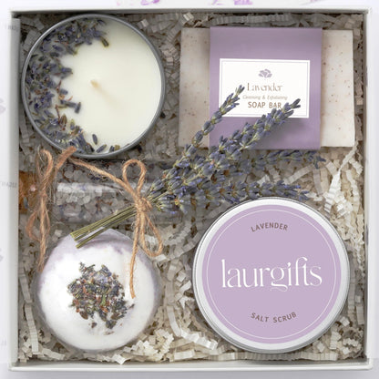 LaurGifts Lavender Spa Gift Box for Women ? Birthday Gift for Her with Candle & Spa Set ? Dutch Flower Fields Inspired Relaxing Gifts for Mum, Wife,