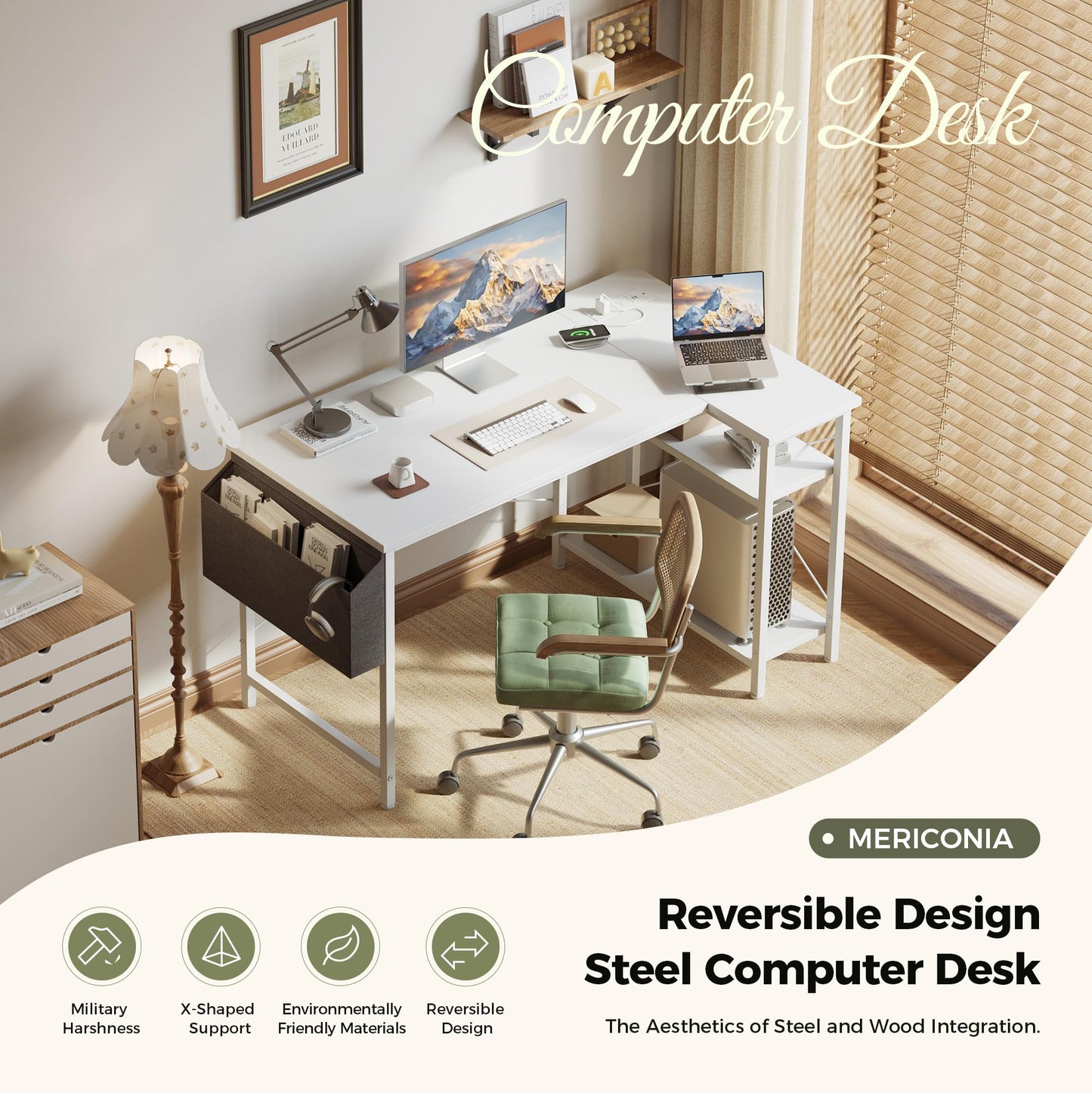 Mericonia Reversible Corner Desk, w. Power Outlets, 120x70cm, White