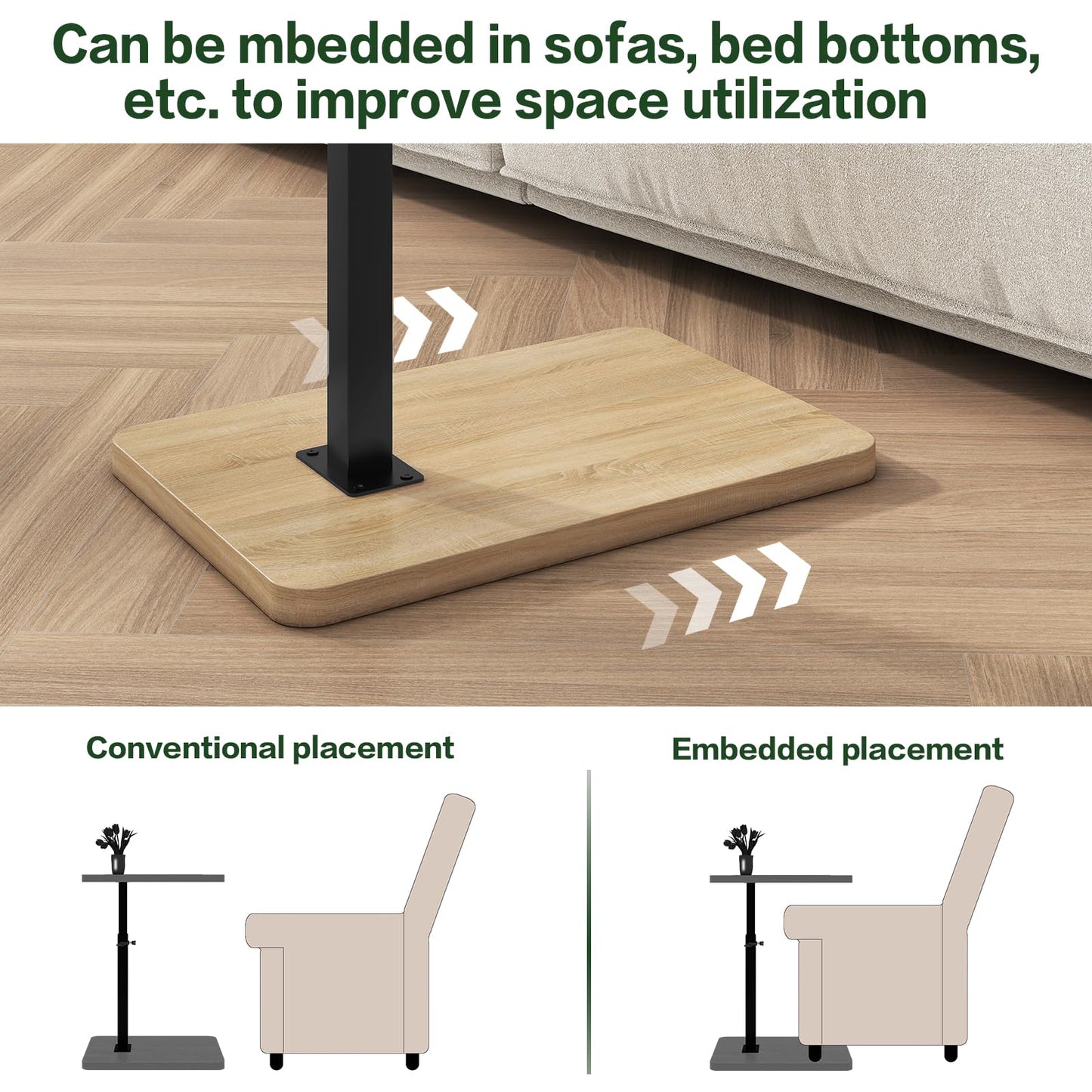IBUYKE C Shaped Side Table,360° Swivel Height Adjustable,Natural TVT003R