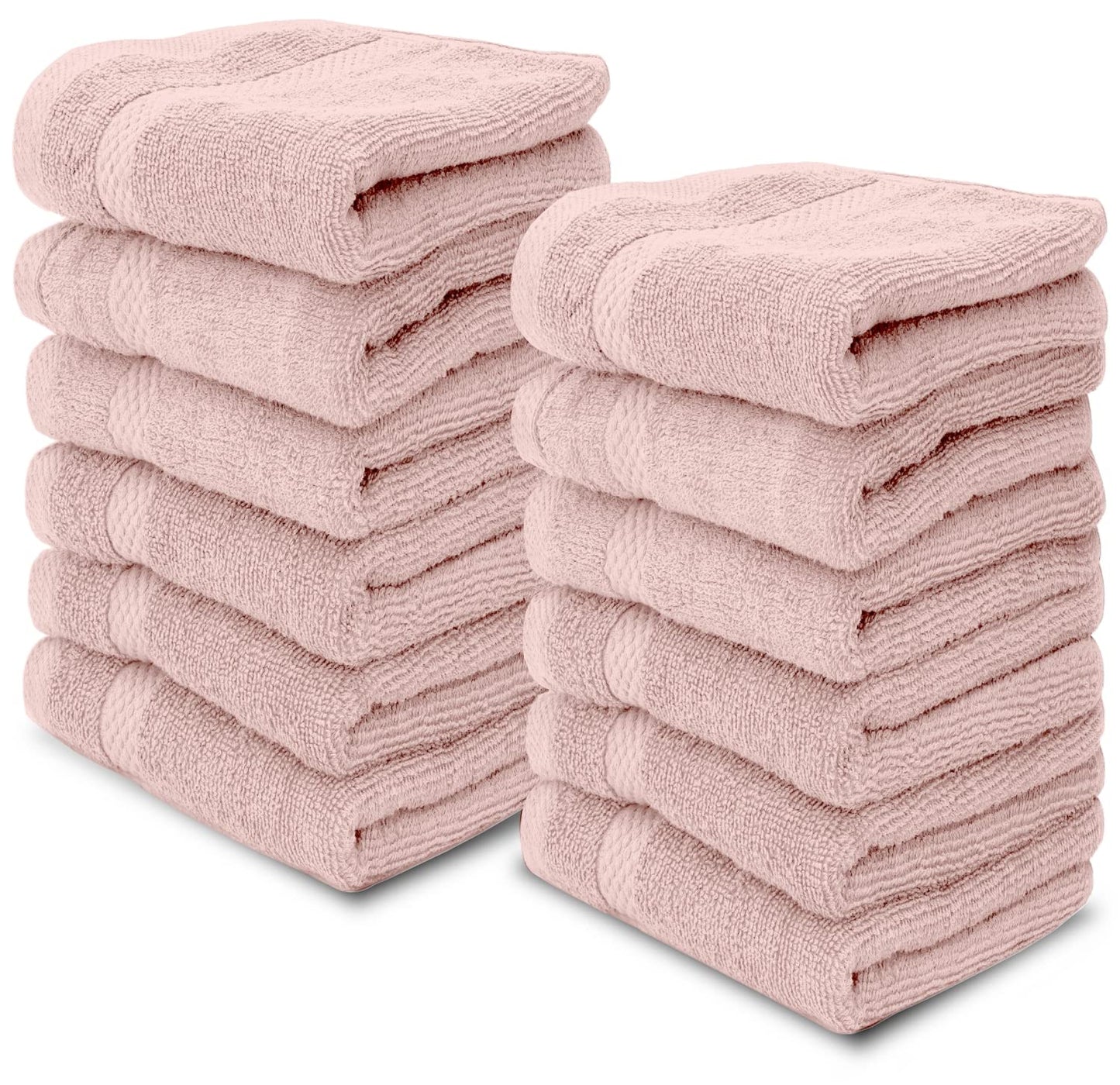 White Classic Luxury Cotton 12 Pcs Flannel Set, Hotel Style Face Cloth 33x33 cm, Soft Plush Bathroom Face Towel Pack of 12, Pink