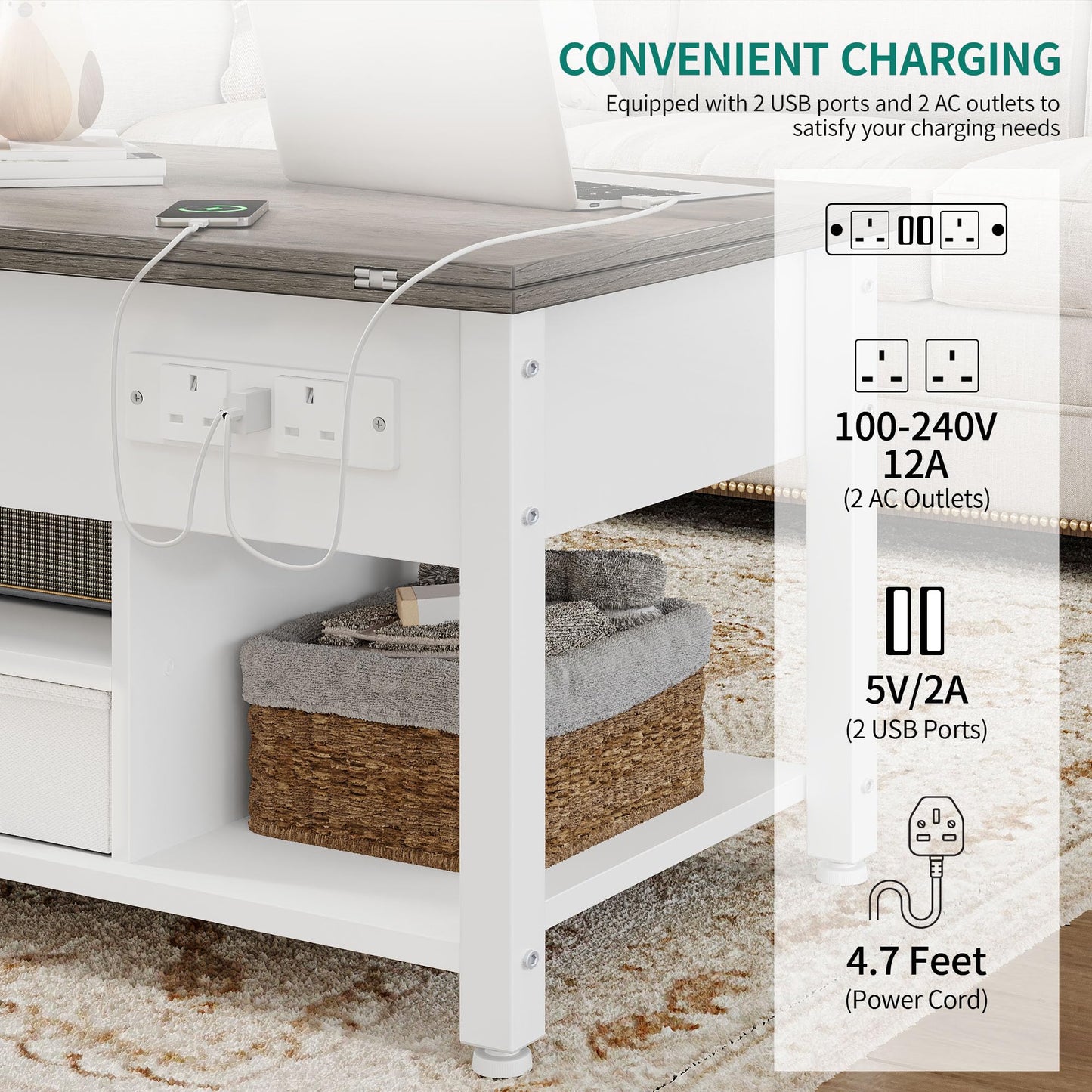 YITAHOME Folding Lift Top Coffee Table with Drawer, 4-in-1 Convertible Table with Storage Space and Type-G Outlets