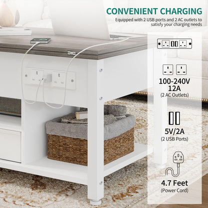 YITAHOME Folding Lift Top Coffee Table with Drawer, 4-in-1 Convertible Table with Storage Space and Type-G Outlets